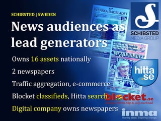 SCHIBSTED | SWEDEN


News audiences as
lead generators
Owns 16 assets nationally
2 newspapers
Traffic aggregation, e-commerce
Blocket classifieds, Hitta search
Digital company owns newspapers
 