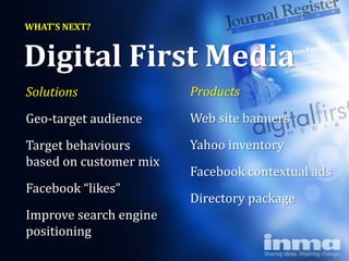 WHAT’S NEXT?


Digital First Media
Solutions               Products

Geo-target audience     Web site banners

Target behaviours       Yahoo inventory
based on customer mix
                        Facebook contextual ads
Facebook “likes”
                        Directory package
Improve search engine
positioning
 
