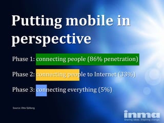 Putting mobile in
perspective
Phase 1: connecting people (86% penetration)

Phase 2: connecting people to Internet (33%)

Phase 3: connecting everything (5%)

Source: Otto Sjöberg
 