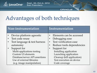 Advantages  of  both  techniques	
Non-­‐‑instrumentation	
                 Instrumentation	

•  Device  platform  agnostic	
          •    Elements  can  be  accessed	
•  Test  code  reuse	
                   •    Debugging  ease	
•  Test  language  &  test  harness      •    Test  veriﬁcation  ease	
   autonomy	
                            •    Reduce  tools  dependencies	
•  Support  for	
                        •    Support  for	
    Multi-­‐‑applications  testing	
           Installing  application	
    Custom  UI  elements	
                     Launching  application	
    Database/server  API  assertions	
         Cleanup  (kill  application)	
    Use  of  external  libraries	
             Test  execution  on  device	
      (e.g.  image  manipulation)	
            Code  coverage	


                                                                                12
 