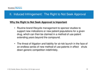 II. Induced Infringement: The Right to Not Seek Approval

    Why the Right to Not Seek Approval is Important

            • Routine brand lifecycle management to sponsor studies to
              support new indications or new patient populations for a given
              drug, which can then be claimed in a method of use patent
              extending years beyond the compound.

            • The threat of litigation and liability for at-risk launch in the face of
              an endless series of new method of use patents in effect shuts
              down generic competition indefinitely.




© 2012 Knobbe, Martens, Olson & Bear, LLP all rights reserved.                      14
 