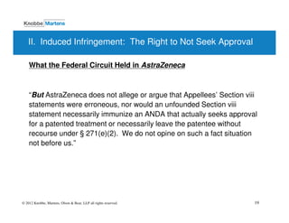 II. Induced Infringement: The Right to Not Seek Approval

    What the Federal Circuit Held in AstraZeneca



    “But AstraZeneca does not allege or argue that Appellees’ Section viii
    statements were erroneous, nor would an unfounded Section viii
    statement necessarily immunize an ANDA that actually seeks approval
    for a patented treatment or necessarily leave the patentee without
    recourse under i 271(e)(2). We do not opine on such a fact situation
    not before us.”




© 2012 Knobbe, Martens, Olson & Bear, LLP all rights reserved.           19
 