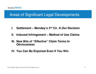 Areas of Significant Legal Developments


        I.       Settlement – Monday’s 3rd Cir. K-Dur Decision

        II. Induced Infringement – Method of Use Claims

        III. New Bite of “Effective” Claim Terms In
             Obviousness

        IV. You Can Be Enjoined Even If You Win




© 2012 Knobbe, Martens, Olson & Bear, LLP all rights reserved.   2
 