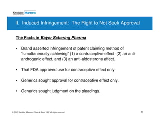 II. Induced Infringement: The Right to Not Seek Approval


    The Facts in Bayer Schering Pharma

    • Brand asserted infringement of patent claiming method of
      “simultaneously achieving” (1) a contraceptive effect, (2) an anti
      androgenic effect, and (3) an anti-aldosterone effect.

    • That FDA approved use for contraceptive effect only.

    • Generics sought approval for contraceptive effect only.

    • Generics sought judgment on the pleadings.




© 2012 Knobbe, Martens, Olson & Bear, LLP all rights reserved.             20
 