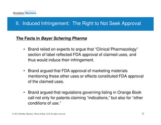 II. Induced Infringement: The Right to Not Seek Approval


    The Facts in Bayer Schering Pharma

            • Brand relied on experts to argue that “Clinical Pharmacology”
              section of label reflected FDA approval of claimed uses, and
              thus would induce their infringement.

            • Brand argued that FDA approval of marketing materials
              mentioning these other uses or effects constituted FDA approval
              of the claimed uses.

            • Brand argued that regulations governing listing in Orange Book
              call not only for patents claiming “indications,” but also for “other
              conditions of use.”

© 2012 Knobbe, Martens, Olson & Bear, LLP all rights reserved.                    21
 