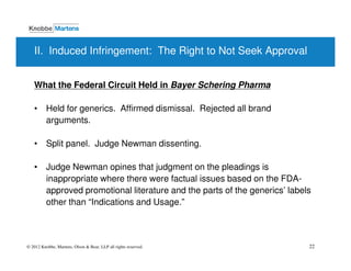 II. Induced Infringement: The Right to Not Seek Approval


   What the Federal Circuit Held in Bayer Schering Pharma

   • Held for generics. Affirmed dismissal. Rejected all brand
     arguments.

   • Split panel. Judge Newman dissenting.

   • Judge Newman opines that judgment on the pleadings is
     inappropriate where there were factual issues based on the FDA-
     approved promotional literature and the parts of the generics’ labels
     other than “Indications and Usage.”



© 2012 Knobbe, Martens, Olson & Bear, LLP all rights reserved.           22
 