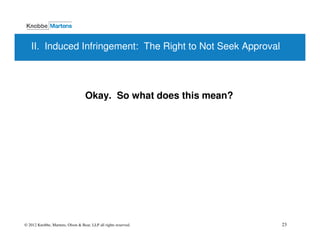 II. Induced Infringement: The Right to Not Seek Approval




                                   Okay. So what does this mean?




© 2012 Knobbe, Martens, Olson & Bear, LLP all rights reserved.     23
 