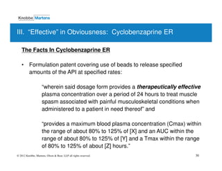 III. “Effective” in Obviousness: Cyclobenzaprine ER

   The Facts In Cyclobenzaprine ER

   • Formulation patent covering use of beads to release specified
     amounts of the API at specified rates:

                    “wherein said dosage form provides a therapeutically effective
                    plasma concentration over a period of 24 hours to treat muscle
                    spasm associated with painful musculoskeletal conditions when
                    administered to a patient in need thereof” and

                    “provides a maximum blood plasma concentration (Cmax) within
                    the range of about 80% to 125% of [X] and an AUC within the
                    range of about 80% to 125% of [Y] and a Tmax within the range
                    of 80% to 125% of about [Z] hours.”
© 2012 Knobbe, Martens, Olson & Bear, LLP all rights reserved.                  30
 