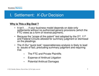 I. Settlement: K-Dur Decision

    Why is This a Big Deal ?
            • It isn’t . . . if your business model depends on date-only
              settlements without no-authorized generic provisions (which the
              FTC views as a form of reverse payment).
            • Because the “scope of the patent” test adopted by the 2nd, 11th
              and Federal Circuits allowed for summary judgment or dismissal
              on the pleadings.
            • The K-Dur “quick look” reasonableness analysis is likely to lead
              to issues of fact, precluding summary judgment and requiring
              trial.
                             –        The FTC and Private Plaintiffs
                             –        Expense of Antitrust Litigation
                             –        Potential Antitrust Damages

© 2012 Knobbe, Martens, Olson & Bear, LLP all rights reserved.               5
 