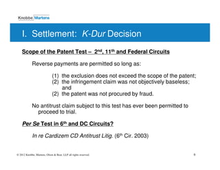 I. Settlement: K-Dur Decision
    Scope of the Patent Test – 2nd, 11th and Federal Circuits

            Reverse payments are permitted so long as:

                             (1) the exclusion does not exceed the scope of the patent;
                             (2) the infringement claim was not objectively baseless;
                                 and
                             (2) the patent was not procured by fraud.

            No antitrust claim subject to this test has ever been permitted to
              proceed to trial.

    Per Se Test in 6th and DC Circuits?

            In re Cardizem CD Antitrust Litig. (6th Cir. 2003)


© 2012 Knobbe, Martens, Olson & Bear, LLP all rights reserved.                        6
 