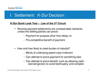 I. Settlement: K-Dur Decision
    K-Dur Quick Look Test – Law of the 3rd Circuit

            • Reverse payment settlements are unreasonable restraints,
              unless the settling parties can prove:
                             - Payment for purpose other than delay; or
                             - Pro-competitive benefit of payment.


            • How and how likely to meet burden of rebuttal?
                             - Merits of underlying patent case irrelevant
                             - Can attempt to prove payment for something else
                             - Can attempt to prove benefit, such as allowing cash-
                                starved generic to avoid bankruptcy and compete

© 2012 Knobbe, Martens, Olson & Bear, LLP all rights reserved.                        7
 
