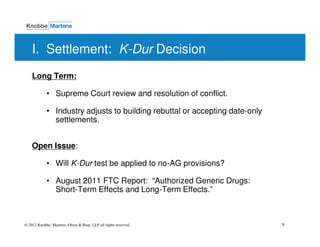 I. Settlement: K-Dur Decision
    Long Term:

            • Supreme Court review and resolution of conflict.

            • Industry adjusts to building rebuttal or accepting date-only
              settlements.


    Open Issue:

            • Will K-Dur test be applied to no-AG provisions?

            • August 2011 FTC Report: “Authorized Generic Drugs:
              Short-Term Effects and Long-Term Effects.”



© 2012 Knobbe, Martens, Olson & Bear, LLP all rights reserved.               9
 