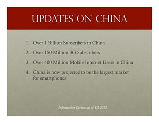 UPDATES on China

1.  Over 1 Billion Subscribers in China

2.  Over 150 Million 3G Subscribers

3.  Over 400 Million Mobile Internet Users in China

4.  China is now projected to be the largest market
    for smartphones




                Information Current as of Q2 2012
 