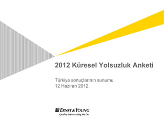 2012 Küresel Yolsuzluk Anketi

Türkiye sonuçlarının sunumu
12 Haziran 2012
 