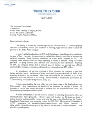 2012 Letter to US Ambassador Locke from Senator Landrieu