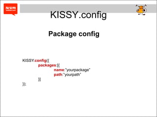 KISSY.config
            Package config


KISSY.config({
        packages:[{
               name:”yourpackage”
               path:”yourpath”
        }]
});
 