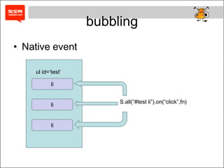 bubbling
• Native event

    ul id=„test‟

           li


                        S.all(“#test li”).on(“click”,fn)
           li


           li
 