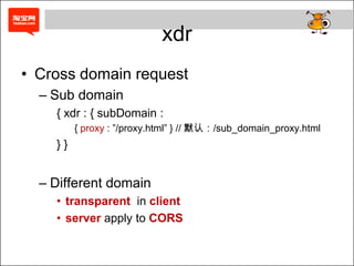 xdr
• Cross domain request
  – Sub domain
    { xdr : { subDomain :
         { proxy : ”/proxy.html” } // 默认：/sub_domain_proxy.html
    }}


  – Different domain
    • transparent in client
    • server apply to CORS
 