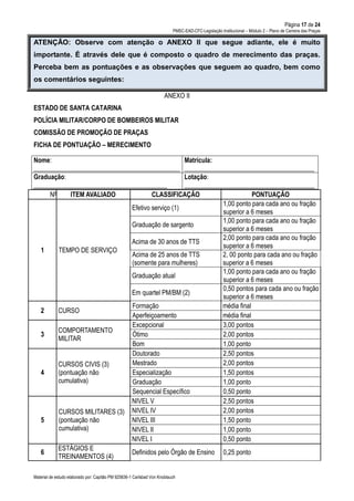 Página 17 de 24
PMSC-EAD-CFC-Legislação Institucional – Módulo 2 – Plano de Carreira das Praças
Material de estudo elaborado por: Capitão PM 925836-1 Carlsbad Von Knoblauch
ATENÇÃO: Observe com atenção o ANEXO II que segue adiante, ele é muito
importante. É através dele que é composto o quadro de merecimento das praças.
Perceba bem as pontuações e as observações que seguem ao quadro, bem como
os comentários seguintes:
ANEXO II
ESTADO DE SANTA CATARINA
POLÍCIA MILITAR/CORPO DE BOMBEIROS MILITAR
COMISSÃO DE PROMOÇÃO DE PRAÇAS
FICHA DE PONTUAÇÃO – MERECIMENTO
Nº ITEM AVALIADO CLASSIFICAÇÃO PONTUAÇÃO
1 TEMPO DE SERVIÇO
Efetivo serviço (1)
1,00 ponto para cada ano ou fração
superior a 6 meses
Graduação de sargento
1,00 ponto para cada ano ou fração
superior a 6 meses
Acima de 30 anos de TTS
2,00 ponto para cada ano ou fração
superior a 6 meses
Acima de 25 anos de TTS
(somente para mulheres)
2, 00 ponto para cada ano ou fração
superior a 6 meses
Graduação atual
1,00 ponto para cada ano ou fração
superior a 6 meses
Em quartel PM/BM (2)
0,50 pontos para cada ano ou fração
superior a 6 meses
2 CURSO
Formação média final
Aperfeiçoamento média final
3
COMPORTAMENTO
MILITAR
Excepcional 3,00 pontos
Ótimo 2,00 pontos
Bom 1,00 ponto
4
CURSOS CIVIS (3)
(pontuação não
cumulativa)
Doutorado 2,50 pontos
Mestrado 2,00 pontos
Especialização 1,50 pontos
Graduação 1,00 ponto
Sequencial Específico 0,50 ponto
5
CURSOS MILITARES (3)
(pontuação não
cumulativa)
NIVEL V 2,50 pontos
NIVEL IV 2,00 pontos
NIVEL III 1,50 ponto
NIVEL II 1,00 ponto
NIVEL I 0,50 ponto
6
ESTÁGIOS E
TREINAMENTOS (4)
Definidos pelo Órgão de Ensino 0,25 ponto
Nome:
_____________________________________________
Matrícula:
________________________________________
Graduação:
_________________________________________
Lotação:
________________________________________
 