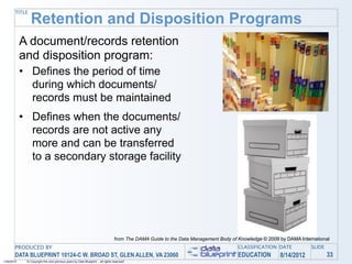 TITLE
                Retention and Disposition Programs
            A document/records retention
            and disposition program:
            • Defines the period of time
              during which documents/
              records must be maintained
            • Defines when the documents/
              records are not active any
              more and can be transferred
              to a secondary storage facility




                                                                                 from The DAMA Guide to the Data Management Body of Knowledge © 2009 by DAMA International
       PRODUCED BY                                                                                                                  CLASSIFICATION DATE           SLIDE
       DATA BLUEPRINT 10124-C W. BROAD ST, GLEN ALLEN, VA 23060                                                                     EDUCATION        8/14/2012            33
1/26/2010    © Copyright this and previous years by Data Blueprint - all rights reserved!
 