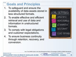 TITLE

                Goals and Principles
            1. To safeguard and ensure the
               availability of data assets stored in
               less structured formats.
            2. To enable effective and efficient
               retrieval and use of data and
               information in unstructured
               formats.
            3. To comply with legal obligations
               and customer expectations.
            4. To ensure business continuity
               through retention, recovery, and
               conversion.


                                                                                 from The DAMA Guide to the Data Management Body of Knowledge © 2009 by DAMA International
       PRODUCED BY                                                                                                                  CLASSIFICATION DATE           SLIDE
       DATA BLUEPRINT 10124-C W. BROAD ST, GLEN ALLEN, VA 23060                                                                     EDUCATION        8/14/2012            38
1/26/2010    © Copyright this and previous years by Data Blueprint - all rights reserved!
 