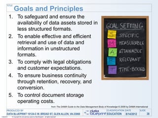 TITLE

                Goals and Principles
            1. To safeguard and ensure the
               availability of data assets stored in
               less structured formats.
            2. To enable effective and efficient
               retrieval and use of data and
               information in unstructured
               formats.
            3. To comply with legal obligations
               and customer expectations.
            4. To ensure business continuity
               through retention, recovery, and
               conversion.
            5. To control document storage
               operating costs.
                                                                                 from The DAMA Guide to the Data Management Body of Knowledge © 2009 by DAMA International
       PRODUCED BY                                                                                                                  CLASSIFICATION DATE           SLIDE
       DATA BLUEPRINT 10124-C W. BROAD ST, GLEN ALLEN, VA 23060                                                                     EDUCATION        8/14/2012            38
1/26/2010    © Copyright this and previous years by Data Blueprint - all rights reserved!
 