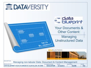Your Documents &
                                                                     Other Content:
                                                                       Managing
                                                                   Unstructured Data




             Managing non-tabular Data: Document & Content Management
DATA BLUEPRINT 10124-C W. BROAD ST, GLEN ALLEN, VA 23060   EDUCATION   8/14/2012
 