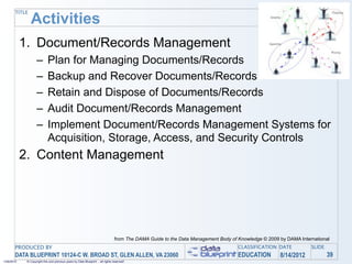TITLE
                Activities
            1. Document/Records Management
                    –        Plan for Managing Documents/Records
                    –        Backup and Recover Documents/Records
                    –        Retain and Dispose of Documents/Records
                    –        Audit Document/Records Management
                    –        Implement Document/Records Management Systems for
                             Acquisition, Storage, Access, and Security Controls
            2. Content Management




                                                                                 from The DAMA Guide to the Data Management Body of Knowledge © 2009 by DAMA International
       PRODUCED BY                                                                                                                  CLASSIFICATION DATE           SLIDE
       DATA BLUEPRINT 10124-C W. BROAD ST, GLEN ALLEN, VA 23060                                                                     EDUCATION        8/14/2012            39
1/26/2010    © Copyright this and previous years by Data Blueprint - all rights reserved!
 