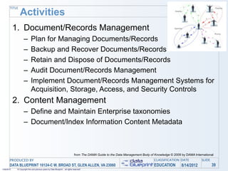 TITLE
                Activities
            1. Document/Records Management
                    –        Plan for Managing Documents/Records
                    –        Backup and Recover Documents/Records
                    –        Retain and Dispose of Documents/Records
                    –        Audit Document/Records Management
                    –        Implement Document/Records Management Systems for
                             Acquisition, Storage, Access, and Security Controls
            2. Content Management
                    – Define and Maintain Enterprise taxonomies
                    – Document/Index Information Content Metadata



                                                                                 from The DAMA Guide to the Data Management Body of Knowledge © 2009 by DAMA International
       PRODUCED BY                                                                                                                  CLASSIFICATION DATE           SLIDE
       DATA BLUEPRINT 10124-C W. BROAD ST, GLEN ALLEN, VA 23060                                                                     EDUCATION        8/14/2012            39
1/26/2010    © Copyright this and previous years by Data Blueprint - all rights reserved!
 