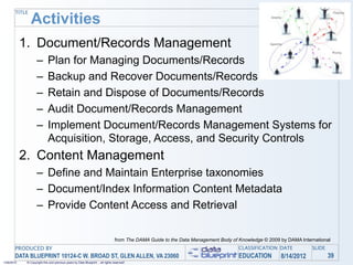 TITLE
                Activities
            1. Document/Records Management
                    –        Plan for Managing Documents/Records
                    –        Backup and Recover Documents/Records
                    –        Retain and Dispose of Documents/Records
                    –        Audit Document/Records Management
                    –        Implement Document/Records Management Systems for
                             Acquisition, Storage, Access, and Security Controls
            2. Content Management
                    – Define and Maintain Enterprise taxonomies
                    – Document/Index Information Content Metadata
                    – Provide Content Access and Retrieval

                                                                                 from The DAMA Guide to the Data Management Body of Knowledge © 2009 by DAMA International
       PRODUCED BY                                                                                                                  CLASSIFICATION DATE           SLIDE
       DATA BLUEPRINT 10124-C W. BROAD ST, GLEN ALLEN, VA 23060                                                                     EDUCATION        8/14/2012            39
1/26/2010    © Copyright this and previous years by Data Blueprint - all rights reserved!
 
