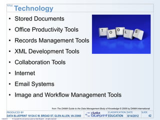 TITLE
                Technology
            • Stored Documents
            • Office Productivity Tools
            • Records Management Tools
            • XML Development Tools
            • Collaboration Tools
            • Internet
            • Email Systems
            • Image and Workflow Management Tools

                                                                                 from The DAMA Guide to the Data Management Body of Knowledge © 2009 by DAMA International
       PRODUCED BY                                                                                                                  CLASSIFICATION DATE           SLIDE
       DATA BLUEPRINT 10124-C W. BROAD ST, GLEN ALLEN, VA 23060                                                                     EDUCATION        8/14/2012            42
1/26/2010    © Copyright this and previous years by Data Blueprint - all rights reserved!
 
