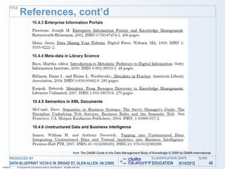 TITLE
               References, cont’d




                                                                                from The DAMA Guide to the Data Management Body of Knowledge © 2009 by DAMA International
       PRODUCED BY                                                                                                                 CLASSIFICATION DATE           SLIDE
       DATA BLUEPRINT 10124-C W. BROAD ST, GLEN ALLEN, VA 23060                                                                    EDUCATION        8/14/2012            48
1/26/2010   © Copyright this and previous years by Data Blueprint - all rights reserved!
 
