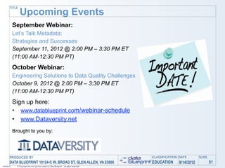 TITLE
                   Upcoming Events
            September Webinar:
            Let’s Talk Metadata:
            Strategies and Successes
            September 11, 2012 @ 2:00 PM – 3:30 PM ET
            (11:00 AM-12:30 PM PT)
            October Webinar:
            Engineering Solutions to Data Quality Challenges
            October 9, 2012 @ 2:00 PM – 3:30 PM ET
            (11:00 AM-12:30 PM PT)
            Sign up here:
            •       www.datablueprint.com/webinar-schedule
            •       www.Dataversity.net
            Brought to you by:




       PRODUCED BY                                                                             CLASSIFICATION DATE       SLIDE
       DATA BLUEPRINT 10124-C W. BROAD ST, GLEN ALLEN, VA 23060                                EDUCATION     8/14/2012           51
1/26/2010       © Copyright this and previous years by Data Blueprint - all rights reserved!
 