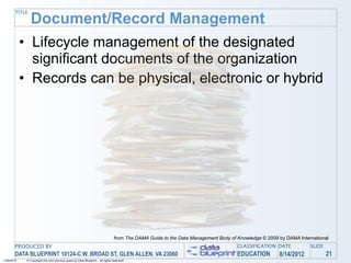 TITLE
                Document/Record Management
            • Lifecycle management of the designated
              significant documents of the organization
            • Records can be physical, electronic or hybrid




                                                                                 from The DAMA Guide to the Data Management Body of Knowledge © 2009 by DAMA International
       PRODUCED BY                                                                                                                  CLASSIFICATION DATE           SLIDE
       DATA BLUEPRINT 10124-C W. BROAD ST, GLEN ALLEN, VA 23060                                                                     EDUCATION        8/14/2012            21
1/26/2010    © Copyright this and previous years by Data Blueprint - all rights reserved!
 