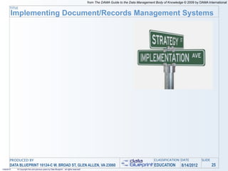 from The DAMA Guide to the Data Management Body of Knowledge © 2009 by DAMA International
       TITLE
        Implementing Document/Records Management Systems




       PRODUCED BY                                                                                                                   CLASSIFICATION DATE            SLIDE
       DATA BLUEPRINT 10124-C W. BROAD ST, GLEN ALLEN, VA 23060                                                                      EDUCATION         8/14/2012            25
1/26/2010   © Copyright this and previous years by Data Blueprint - all rights reserved!
 