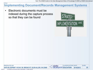 from The DAMA Guide to the Data Management Body of Knowledge © 2009 by DAMA International
       TITLE
        Implementing Document/Records Management Systems
            • Electronic documents must be
              indexed during the capture process
              so that they can be found




       PRODUCED BY                                                                                                                    CLASSIFICATION DATE            SLIDE
       DATA BLUEPRINT 10124-C W. BROAD ST, GLEN ALLEN, VA 23060                                                                       EDUCATION         8/14/2012            25
1/26/2010    © Copyright this and previous years by Data Blueprint - all rights reserved!
 