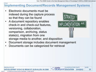 from The DAMA Guide to the Data Management Body of Knowledge © 2009 by DAMA International
       TITLE
        Implementing Document/Records Management Systems
            • Electronic documents must be
              indexed during the capture process
              so that they can be found
            • A document repository enables
              check-in and check-out features,
              versioning, collaboration,
              comparison, archiving, status
              state(s), migration from one
              storage media to another, and disposition
            • Document storage includes document management
            • Documents can be categorized for retrieval




       PRODUCED BY                                                                                                                    CLASSIFICATION DATE            SLIDE
       DATA BLUEPRINT 10124-C W. BROAD ST, GLEN ALLEN, VA 23060                                                                       EDUCATION         8/14/2012            25
1/26/2010    © Copyright this and previous years by Data Blueprint - all rights reserved!
 