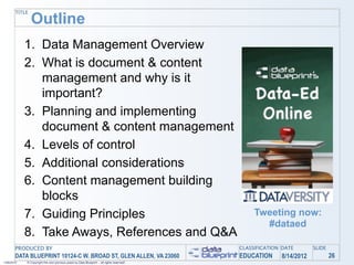 TITLE
               Outline
            1. Data Management Overview
            2. What is document & content
               management and why is it
               important?
            3. Planning and implementing
               document & content management
            4. Levels of control
            5. Additional considerations
            6. Content management building
               blocks
            7. Guiding Principles                                                               Tweeting now:
                                                                                                  #dataed
            8. Take Aways, References and Q&A
       PRODUCED BY                                                                         CLASSIFICATION DATE       SLIDE
       DATA BLUEPRINT 10124-C W. BROAD ST, GLEN ALLEN, VA 23060                            EDUCATION     8/14/2012           26
1/26/2010   © Copyright this and previous years by Data Blueprint - all rights reserved!
 
