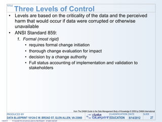 TITLE

                Three Levels of Control
            • Levels are based on the criticality of the data and the perceived
              harm that would occur if data were corrupted or otherwise
              unavailable
            • ANSI Standard 859:
                    1. Formal (most rigid)
                        • requires formal change initiation
                        • thorough change evaluation for impact
                        • decision by a change authority
                        • Full status accounting of implementation and validation to
                          stakeholders




                                                                                            from The DAMA Guide to the Data Management Body of Knowledge © 2009 by DAMA International
       PRODUCED BY                                                                                                                CLASSIFICATION DATE                 SLIDE
       DATA BLUEPRINT 10124-C W. BROAD ST, GLEN ALLEN, VA 23060                                                                    EDUCATION            8/14/2012               27
1/26/2010    © Copyright this and previous years by Data Blueprint - all rights reserved!
 