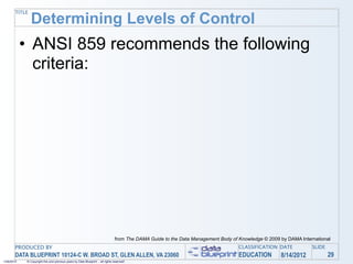 TITLE
               Determining Levels of Control
            • ANSI 859 recommends the following
              criteria:




                                                                                from The DAMA Guide to the Data Management Body of Knowledge © 2009 by DAMA International
       PRODUCED BY                                                                                                                 CLASSIFICATION DATE           SLIDE
       DATA BLUEPRINT 10124-C W. BROAD ST, GLEN ALLEN, VA 23060                                                                    EDUCATION        8/14/2012            29
1/26/2010   © Copyright this and previous years by Data Blueprint - all rights reserved!
 