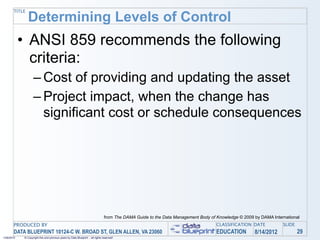 TITLE
               Determining Levels of Control
            • ANSI 859 recommends the following
              criteria:
                   – Cost of providing and updating the asset
                   – Project impact, when the change has
                     significant cost or schedule consequences




                                                                                from The DAMA Guide to the Data Management Body of Knowledge © 2009 by DAMA International
       PRODUCED BY                                                                                                                 CLASSIFICATION DATE           SLIDE
       DATA BLUEPRINT 10124-C W. BROAD ST, GLEN ALLEN, VA 23060                                                                    EDUCATION        8/14/2012            29
1/26/2010   © Copyright this and previous years by Data Blueprint - all rights reserved!
 