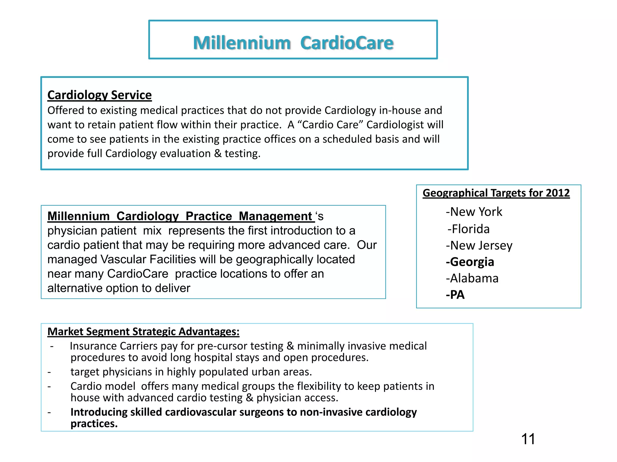 Millennium  CardioCare

Cardiology Service 
Offered to existing medical practices that do not provide Cardiology in‐house and 
want to retain patient flow within their practice.  A “Cardio Care” Cardiologist will 
come to see patients in the existing practice offices on a scheduled basis and will 
provide full Cardiology evaluation & testing.


                                                                                Geographical Targets for 2012
Millennium Cardiology Practice Management ‘s                                         ‐New York
physician patient mix represents the first introduction to a                         ‐Florida
cardio patient that may be requiring more advanced care. Our                         ‐New Jersey
managed Vascular Facilities will be geographically located                           ‐Georgia
near many CardioCare practice locations to offer an                                  ‐Alabama
alternative option to deliver patient comfort and superior care .
                                                                                     ‐PA

Market Segment Strategic Advantages:
 ‐ Insurance Carriers pay for pre‐cursor testing & minimally invasive medical 
   procedures to avoid long hospital stays and open procedures.
‐  target physicians in highly populated urban areas.
‐  Cardio model  offers many medical groups the flexibility to keep patients in 
   house with advanced cardio testing & physician access.  
‐  Introducing skilled cardiovascular surgeons to non‐invasive cardiology 
   practices.
                                                                                                   11
 