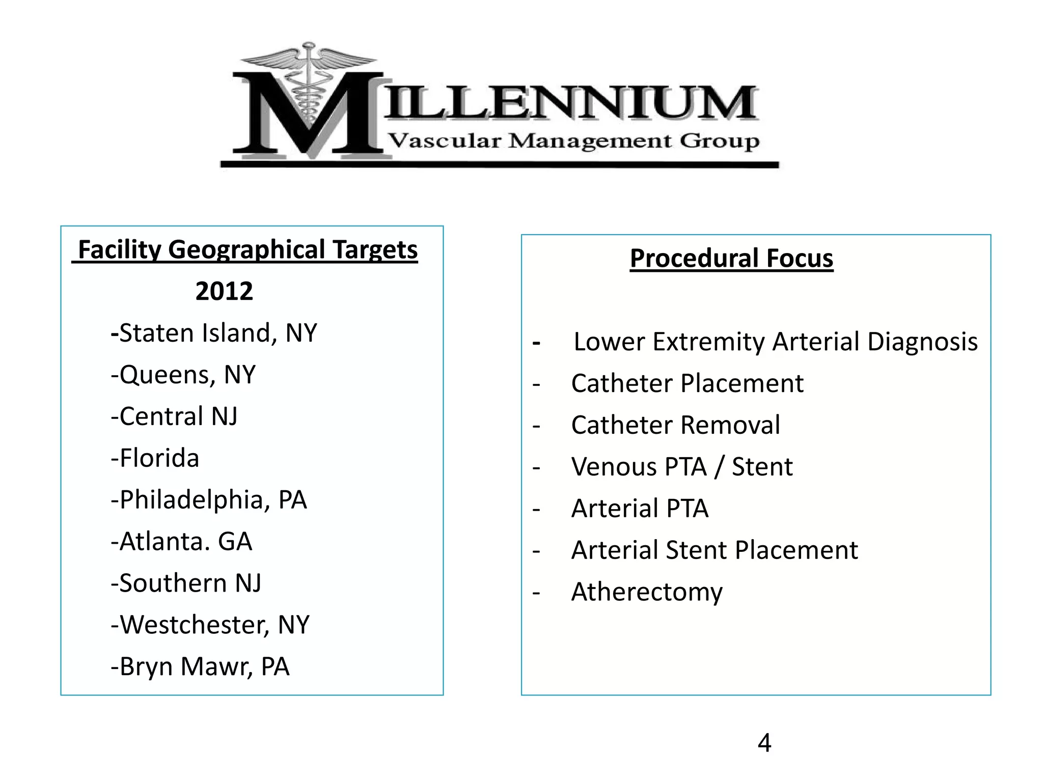 Facility Geographical Targets                          Procedural Focus
           2012  
  ‐Staten Island, NY                           ‐   Lower Extremity Arterial Diagnosis
  ‐Queens, NY                                  ‐   Catheter Placement
  ‐Central NJ                                  ‐   Catheter Removal
  ‐Florida                                     ‐   Venous PTA / Stent
  ‐Philadelphia, PA                            ‐   Arterial PTA
  ‐Atlanta. GA                                 ‐   Arterial Stent Placement
  ‐Southern NJ                                 ‐   Atherectomy
  ‐Westchester, NY 
  ‐Bryn Mawr, PA

                                                                  4
 