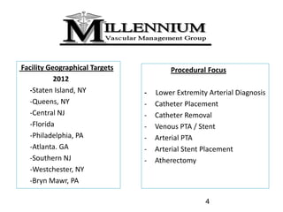 Facility Geographical Targets                          Procedural Focus
           2012  
  ‐Staten Island, NY                           ‐   Lower Extremity Arterial Diagnosis
  ‐Queens, NY                                  ‐   Catheter Placement
  ‐Central NJ                                  ‐   Catheter Removal
  ‐Florida                                     ‐   Venous PTA / Stent
  ‐Philadelphia, PA                            ‐   Arterial PTA
  ‐Atlanta. GA                                 ‐   Arterial Stent Placement
  ‐Southern NJ                                 ‐   Atherectomy
  ‐Westchester, NY 
  ‐Bryn Mawr, PA

                                                                  4
 