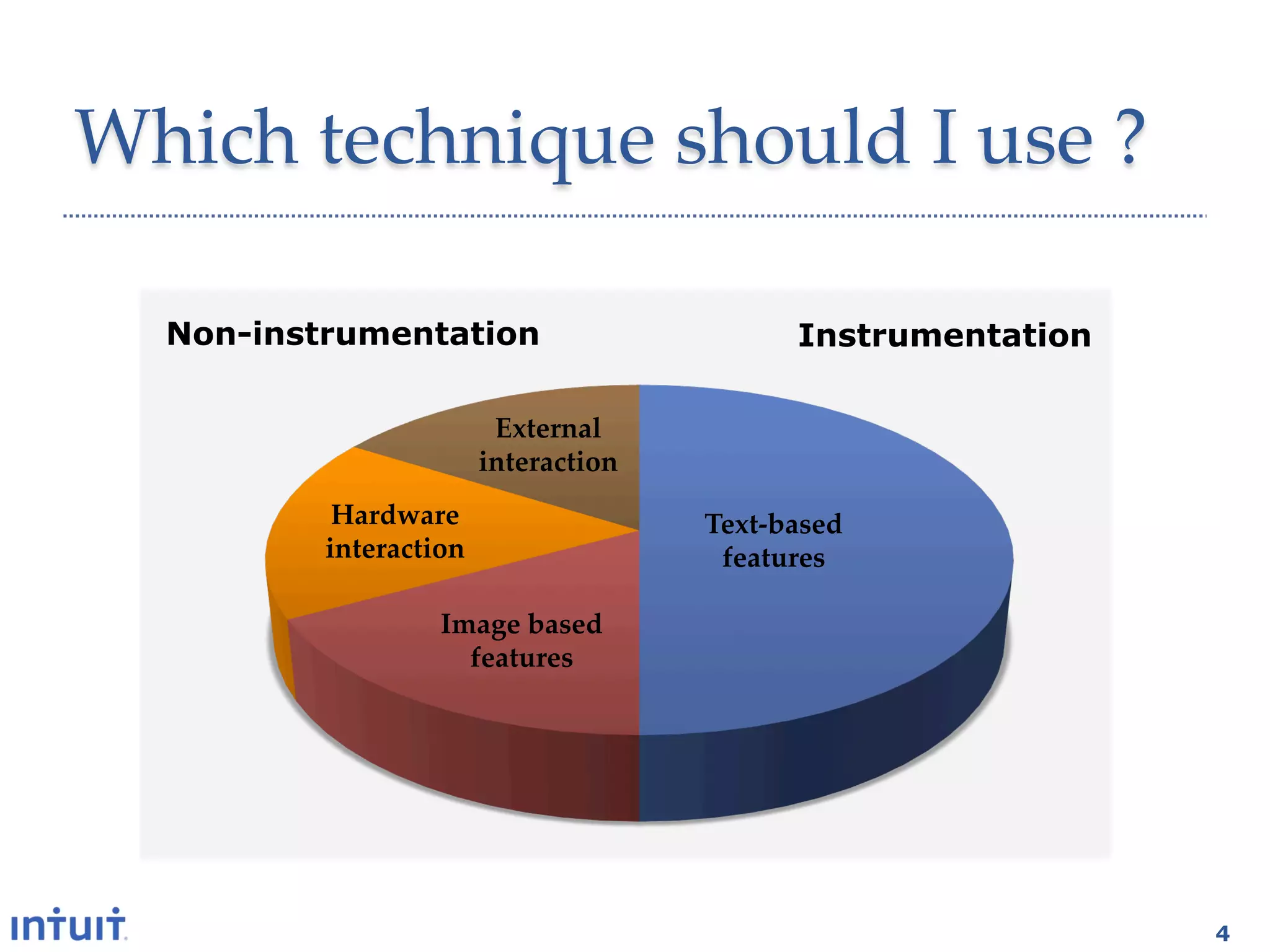 Which'technique'should'I'use'?1

  Non-instrumentation                     Instrumentation

                      External3
                     interaction-
           Hardware3                Text$based3
          interaction-               features-

                  Image3based3
                    features-




                                                            4
 