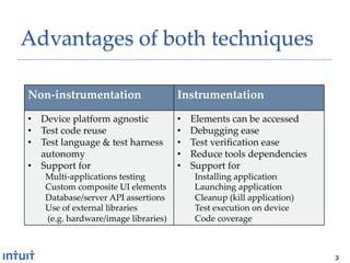 Advantages'of'both'techniques1

Non$instrumentation-                    Instrumentation-

•  Device'platform'agnostic1            •    Elements'can'be'accessed1
•  Test'code'reuse1                     •    Debugging'ease1
•  Test'language'&'test'harness'        •    Test'veriﬁcation'ease1
   autonomy1                            •    Reduce'tools'dependencies1
•  Support'for1                         •    Support'for1
    Multi>applications'testing1              Installing'application1
    Custom'composite'UI'elements1            Launching'application1
    Database/server'API'assertions1          Cleanup'(kill'application)1
    Use'of'external'libraries1               Test'execution'on'device1
    '(e.g.'hardware/image'libraries)1        Code'coverage1



                                                                           3
 