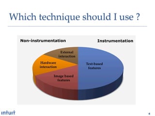 Which'technique'should'I'use'?1

  Non-instrumentation                     Instrumentation

                      External3
                     interaction-
           Hardware3                Text$based3
          interaction-               features-

                  Image3based3
                    features-




                                                            4
 