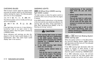 Black plate (100,1)




CHECKING BULBS
         GUID-B5546604-D327-4511-B24A-C4F4615F5F1F
                                                                 WARNING LIGHTS
                                                                          GUID-39AE13E8-806F-40A7-8C69-3AF4A1790761               malfunctioning. If the warning
With all doors closed, apply the parking brake                          All-Wheel Drive (AWD) warning                             light turns off, you can drive
and push the ignition switch to the ON position                                                                                   again.
                                                                 light (AWD models)
without starting the engine. The following lights                            GUID-2C7F9D36-036A-4856-8580-AE4D2A3CACAA
                                                                 The light comes on when the ignition switch is                — blinks slowly (about once every
will come on (if so equipped):
                                                                 pushed to ON. It turns off soon after the engine                2 seconds):
    ,     or      ,       ,       ,       ,       ,              is started.                                                     Pull off the road in a safe area,
The following lights come on briefly and then go                 If the AWD system malfunctions, or the diameter                 and idle the engine. Check that
off (if so equipped):                                            of the front and the rear wheels are different, the             all tire sizes are the same, tire
    ,      or         ,       ,       ,       ,       ,   ,      warning light will either remain illuminated or                 pressure is correct and tires are
                                                                 blink. (See “All-Wheel Drive (AWD)” in the “5.                  not worn.
If any light does not come on, it may indicate a                 Starting and driving” section.)                          .    If the warning light is still on after
burned-out bulb or an open circuit in the                                                                                      the above operations, have your
electrical system. Have the system checked by                                                                                  vehicle checked by a NISSAN dealer
a NISSAN dealer.
                                                                                      CAUTION                                  as soon as possible.
Some indicators and warnings are also dis-                         .   If the warning light comes on while
played on the dot matrix crystal display on the                        driving there may be a malfunction                     or        Anti-lock Braking System
speedometer. (See “Dot matrix liquid crystal                           in the AWD system. Reduce the                     (ABS) warning light
                                                                                                                                    GUID-06CAAC80-C465-4A21-9EB7-C024333BA100
display” later in this section.)                                       vehicle speed and have your vehicle               When the ignition switch is in the ON position,
                                                                       checked by a NISSAN dealer as                     the Anti-lock Braking System (ABS) warning
                                                                       soon as possible.                                 light illuminates and then turns off. This indicates
                                                                   .   If the AWD warning light blinks                   the ABS is operational.
                                                                       when you are driving:                             If the ABS warning light illuminates while the
                                                                       — blinks rapidly (about twice a                   engine is running, or while driving, it may
                                                                         second):                                        indicate the ABS is not functioning properly.
                                                                         Pull off the road in a safe area,               Have the system checked by a NISSAN dealer.
                                                                         and idle the engine. The driving                If an ABS malfunction occurs, the anti-lock
                                                                         mode will change to 2WD to                      function is turned off. The brake system then
                                                                         prevent the AWD system from                     operates normally, but without anti-lock assis-
2-12 Instruments and controls


                                                              [ Edit: 2011/ 7/ 18 Model: Z51-D ]
 