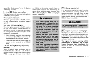 Black plate (101,1)




tance. (See “Brake system” in the “5. Starting                  the ABS is not functioning properly. Have the           Charge warning light
                                                                                                                             GUID-69B03338-0451-441C-B766-BECF7DE9BC90
and driving” section.)                                          brake system checked, and if necessary re-       If the light comes on while the engine is running,
                                                                paired, by a NISSAN dealer promptly. (See        it may indicate the charging system is not
        or          Brake warning light
                 GUID-4A67DFC2-D59E-4197-BAD5-168A3CE40A7E      “Anti-lock Braking System (ABS) warning light”   functioning properly. Turn the engine off and
This light functions for both the parking brake                 earlier in this section.)                        check the alternator belt. If the belt is loose,
and the foot brake systems.
                                                                                                                 broken, missing or if the light remains on, see a
Parking brakeGUID-D73A39BF-43C8-459F-9C24-47B7F579C407
                indicator:                                                                                       NISSAN dealer immediately.
                                                                                  WARNING
When the ignition switch is in the ON position,
the light comes on when the parking brake is                      .   Your brake system may not be
applied.
                                                                                                                                     CAUTION
                                                                      working properly if the warning light
Low brake fluid warning light:                                        is on. Driving could be dangerous. If       Do not continue driving if the alternator
                GUID-D73A39BF-43C8-459F-9C24-47B7F579C407
                                                                      you judge it to be safe, drive care-        belt is loose, broken or missing.
When the ignition switch is in the ON position,
                                                                      fully to the nearest service station
the light warns of a low brake fluid level. If the
                                                                      for repairs. Otherwise, have your
light comes on while the engine is running with
                                                                      vehicle towed because driving it                  EngineGUID-0AE5784C-961F-4FC8-BFAF-77A224D6D347
                                                                                                                               oil pressure warning light
the parking brake not applied, stop the vehicle
                                                                      could be dangerous.                        This light warns of low engine oil pressure. If the
and perform the following:
                                                                  .   Pressing the brake pedal with the          light flickers or comes on during normal driving,
1. Check the brake fluid level. Add brake fluid                                                                  pull off the road in a safe area, stop the engine
                                                                      engine stopped and/or low brake
   as necessary. (See “Brake fluid” in the “8.                                                                   immediately and call a NISSAN dealer or other
                                                                      fluid level may increase your stop-
   Maintenance and do-it-yourself” section.)                                                                     authorized repair shop.
                                                                      ping distance and braking will re-
2. If the brake fluid level is correct, have the                      quire greater pedal effort as well as      The engine oil pressure warning light is
   warning system checked by a NISSAN                                 pedal travel.                              not designed to indicate a low oil level.
   dealer.                                                                                                       Use the dipstick to check the oil level. (See
                                                                  .   If the brake fluid level is below the
Anti-lock Braking System (ABS) warning                                minimum or MIN mark on the brake           “Engine oil” in the “8. Maintenance and do-it-
indicator:       GUID-D73A39BF-43C8-459F-9C24-47B7F579C407            fluid reservoir, do not drive until the    yourself” section.)
When the parking brake is released and the                            brake system has been checked at a
brake fluid level is sufficient, if both the brake                    NISSAN dealer.
warning light and the Anti-lock Braking System
(ABS) warning light illuminate, it may indicate
                                                                                                                               Instruments and controls 2-13


                                                             [ Edit: 2011/ 7/ 18 Model: Z51-D ]
 