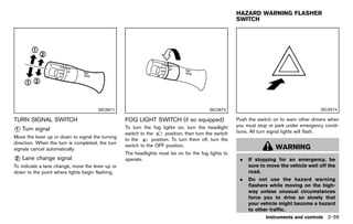 Black plate (127,1)




                                                                                                                HAZARD WARNING FLASHER
                                                                                                                SWITCH
                                                                                                                             GUID-6A75B42D-D28E-4CDF-84D2-DC5652B93673




                                          SIC3671                                                  SIC3672                                                 SIC2574

TURN SIGNAL SWITCH
         GUID-05BFC159-21E8-4470-8F9F-A8F1315EF7D5
                                                          FOG LIGHT GUID-B77E006A-B448-42A0-B9EB-E9953893F221
                                                                    SWITCH (if so equipped)                     Push the switch on to warn other drivers when
                                                          To turn the fog lights on, turn the headlight         you must stop or park under emergency condi-
* Turn signal
1
           GUID-B3C07939-E89F-428A-BA7C-0BA5D82E2BAF                                                            tions. All turn signal lights will flash.
                                                          switch to the      position, then turn the switch
Move the lever up or down to signal the turning
                                                          to the      position. To turn them off, turn the
direction. When the turn is completed, the turn
                                                          switch to the OFF position.                                             WARNING
signals cancel automatically.
                                                          The headlights must be on for the fog lights to
* Lane change signal
2
          GUID-8FD0B298-53B2-4596-8590-D033172CF1AF
                                                          operate.                                               .   If stopping for an emergency, be
To indicate a lane change, move the lever up or                                                                      sure to move the vehicle well off the
down to the point where lights begin flashing.                                                                       road.
                                                                                                                 .   Do not use the hazard warning
                                                                                                                     flashers while moving on the high-
                                                                                                                     way unless unusual circumstances
                                                                                                                     force you to drive so slowly that
                                                                                                                     your vehicle might become a hazard
                                                                                                                     to other traffic.
                                                                                                                             Instruments and controls 2-39


                                                       [ Edit: 2011/ 7/ 18 Model: Z51-D ]
 